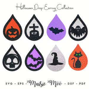 Op de afbeelding: Set van acht Halloween-thema oorbellen. De oorbellen zijn druppelvormig en hebben verschillende Halloween-iconen, waaronder een pompoen, een grafsteen, een vleermuis, een spook, een schedel, een tovenaarshoed en een kat. De oorbellen zijn gemaakt van leer en hebben een textuur.