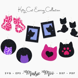 Boucle d'oreille chat SVG | Modèles de boucles d'oreilles Kitty en similicuir | Boucle d'oreille Cricut Pussy chat SVG | Cadeau bricolage pour amoureux des chats Maisie Moo
