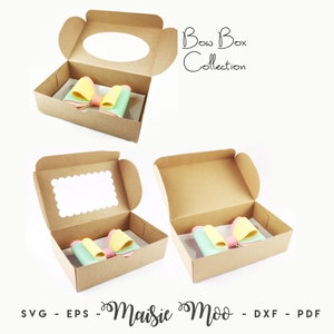 Noeud de boîte Bundle SVG, modèle de boîte de présentation de noeud, noeud de cheveux boîte cadeau DXF, boîte cadeau PDF, silhouette svg Cricut Box fichiers coupés, Maisie Moo