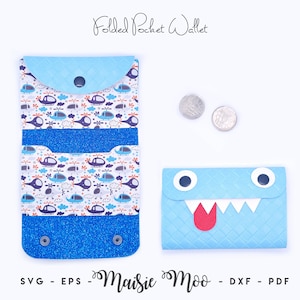 Carteira de couro sintético SVG, pacote de modelos de bolsa de chaveiro e cartão, modelo de carteira para meninos, couro sintético sem costura, carteira de cartão Cricut Maisie Moo