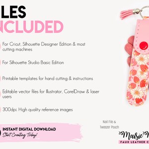 The image is a promotional advertisement for a product called "Files Included", which is a collection of digital files for various crafting projects. The product includes a Silhouette Designer Edition, Silhouette Studio Basic Edition, and a keychain with a floral pattern. The advertisement also mentions that the product is available for download, and it is a part of the "Maise Moo Faux Leather Crafts" collection.
