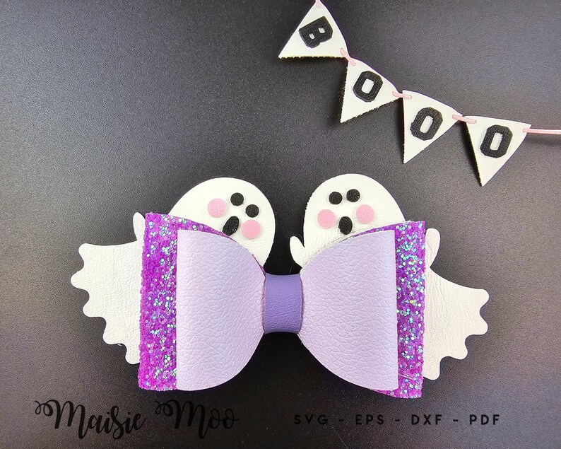 Halloween Hair Bow SVG Ghost Cheer Bow Template Personalized Hair Bow SVG Cute Ghost PDF Maisie Moo Vegan leather