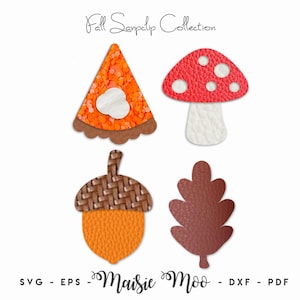 May include: A digital collection titled Fall Sanpclip Collection featuring four icons: a triangular orange pie slice with a white dollop, a red mushroom with white spots, a brown acorn with a woven cap, and a dark brown oak leaf. Text includes SVG, EPS, Maisie Moo, DXF, PDF.