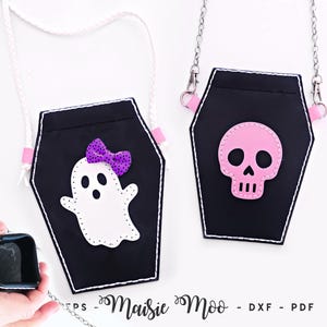May include: Two black coffin-shaped bags with white stitching. One bag features a white ghost with a purple polka-dot bow, and the other has a pink skull applique. Both have straps and are labeled with the text Maisie Moo - DXF - PDF.