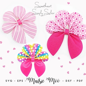 May include: Three decorative hair bows featuring distinct patterns: one with pink and white stripes, one with pink hearts on a white background and solid pink bottom petals, and one with a rainbow stripe pattern and solid pink bottom petals.