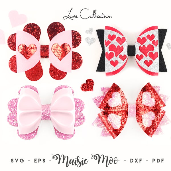 Love Bow Bundle | Love Pinch Bow SVG  | Valentines Day Bow Template Collection | Love Heart Hair Bow SVG Maisie Moo Vegan leather