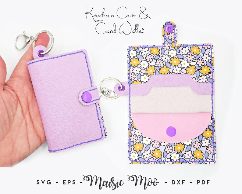 Keychain Coin and Card Wallet SVG Pattern | Folded Pocket Wallet SVG Template Sewing Pattern | Hand stitched Faux Leather Coin  Maisie Moo