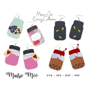 Mason Jar Earrings SVG | Bubble Tea Firefly Jam Jar Faux Leather Earring Templates | Cricut Earring SVG | Cricut Earring Template |