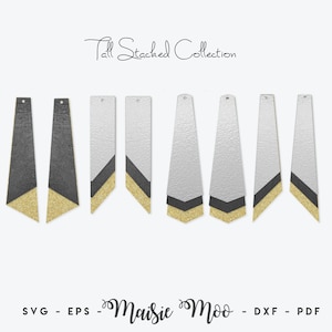 Può includere: Otto paia di orecchini in pelle sovrapposti in nero, argento e oro. Gli orecchini sono lunghi e stretti, con un design geometrico. Gli orecchini sono in vendita come download digitale.