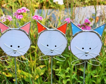 Katze, kleines Geschenk für Katzenfreunde, Deko für Blumentopf, Fensterdekoration, Gartenstecker aus Glas, Gartendekoration