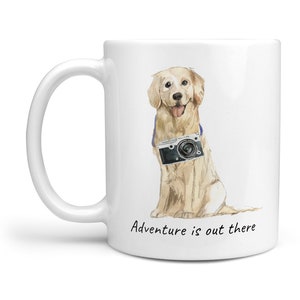 Adventure is out there! Golden Retriever dog mug; Cute illustrated travel coffee mug, funny gift for dog lovers. Personalize dog name free