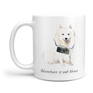 Adventure is out there! Japanese Spitz dog mug; Cute illustrated travel coffee mug, funny gift for dog lovers. Personalize dog name free
