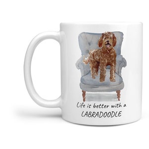 Life is better with a Labradoodle dog mug; Cute illustrated coffee mug, doodle gift for pet/dog lovers. Personalize name. Dog Mom Dad Gift.