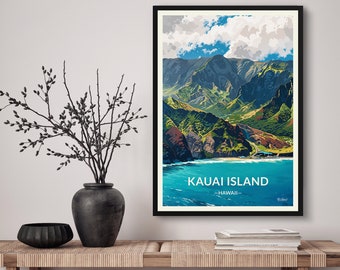 Kauai Island Hawaii Travel Art Poster Print. Retro Illustration Wandkunst - Strand in den Bergen Geschenk für Reiseliebhaber - Home & Office Decor