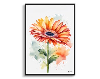 May include: Watercolor painting of a single orange gerbera daisy with green leaves and a white background with watercolor splatters.
