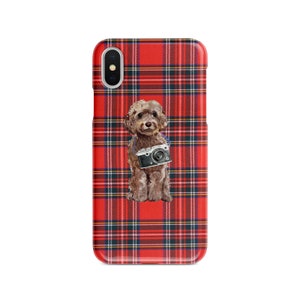 Brown Cockapoo dog Tartan phone case. 11 Styles: Iphone 16 Pro Max, 15, 14 to 6 & Samsung Galaxy S24 Ultra, S23, S22