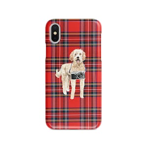Golden Doodle dog Tartan phone case. 11 Styles: Iphone 16 Pro Max, 15, 14 to 6 & Samsung Galaxy S24 Ultra, S23, S22
