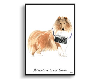 Adventure is out there Rough Collie dog print illustration. Framed & un-framed wall art options. Personalised name.