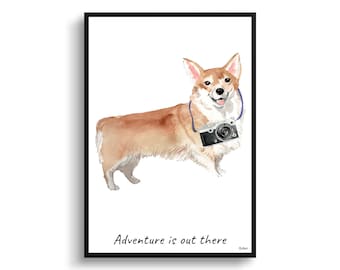 Adventure is out there Corgi dog print illustration. Framed & un-framed wall art options. Personalised name.