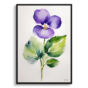 Violet Minimalist Watercolour Botanical Art Print - Wood Floral Framed Plant Wall Art Flower Painting