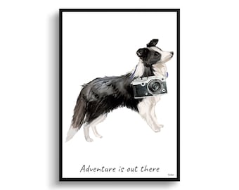 Het avontuur is daar Border Collie Dog print illustratie. Opties voor ingelijste en niet-ingelijste muurkunst. Gepersonaliseerde naam