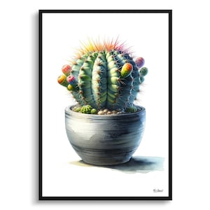 Zwerg Türken Cap Kaktus Botanischer Druck - Aquarell gerahmte Gemälde Wandkunst - Melocactus matanzanus Perfektes Geschenk für Wohnzimmer und Schlafzimmer