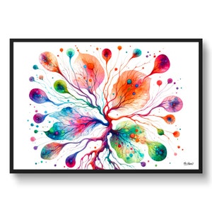 Può includere: Dipinto astratto ad acquerello di un albero colorato con rami e foglie in tonalità di rosso, arancione, giallo, verde, blu e viola. L'albero è circondato da uno sfondo bianco.