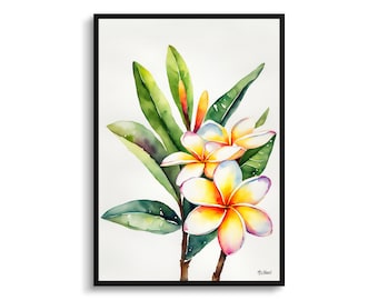 Plumeria Minimalist Watercolour Botanical Art Print - Frangipani Floral Framed Plant Wall Art Poster Flower Painting