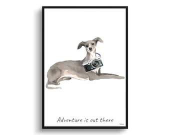 Adventure is out there Italian greyhound dog print illustration. Framed & un-framed wall art options. Personalised name.