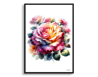 Botanische Kunst Rose (Rosa) Gerahmte Pflanze Aquarell Malerei Wand Kunst Druck - Blume Boho Dekor - Perfektes Geschenk zum Einzug