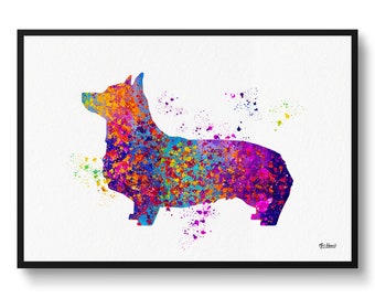 Op de afbeelding: Een kleurrijk aquarel schilderij van een corgi hond silhouet op een witte achtergrond. De hond is omlijnd in tinten roze, blauw, groen, oranje en geel.