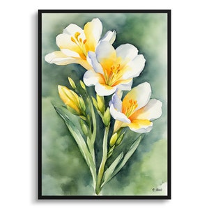 Freesia Watercolour Botanical Art Print - Cape-cowslip Framed Plant Wall Art Flower Art