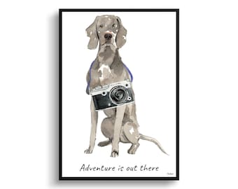 Adventure is out there Weimaraner dog print illustration. Framed & un-framed wall art options. Personalised name.