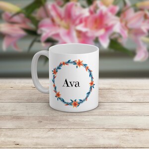 Ava Lilies personalised name mug - Our unique illustrated floral wreath mug is the ideal gift for Birthdays, Christenings and Teachers.