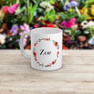 Zoe Primrose personalised name mug - Our unique illustrated floral wreath mug is the ideal gift for Birthdays, Christenings and Teachers.