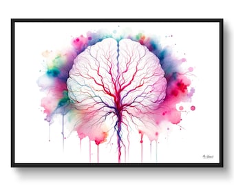 Vascularization Neurology Wall Art Print Watercolour Cerebral Angiography back Medical Doctor Clinic Poster Painting Gift
