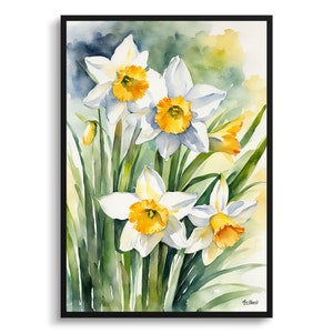 Narcissus Hawera Watercolour Botanical Art Print - Daffodil Floral Framed Plant Wall Art Poster Flower Painting - Floral Home Decor