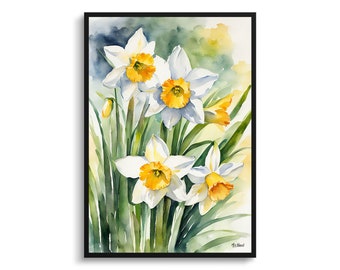 Narcissus Hawera Watercolour Botanical Art Print - Daffodil Floral Framed Plant Wall Art Poster Flower Painting - Floral Home Decor