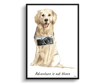 Adventure is out there Golden Retriever dog print illustration. Framed & un-framed wall art options. Personalised name.