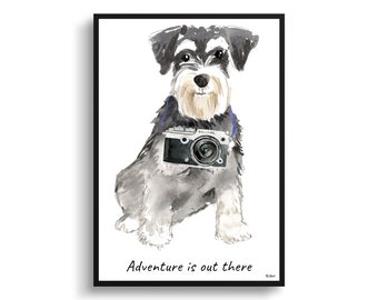 Adventure is out there Miniature Schnauzer dog print illustration. Framed & un-framed wall art options. Personalised name.