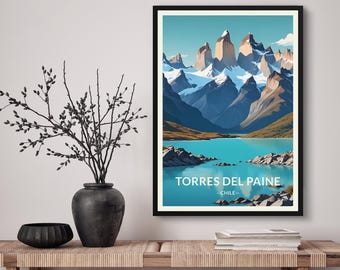 Torres del Paine Travel Art Print. Chile Mountains Illustration Wall Art - Patagonia National Park Gift Home Decor Poster