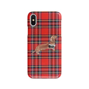 Tan dachshund dog Tartan phone case. 11 Styles: Iphone 16 Pro Max, 15, 14 to 6 & Samsung Galaxy S24 Ultra, S23, S22