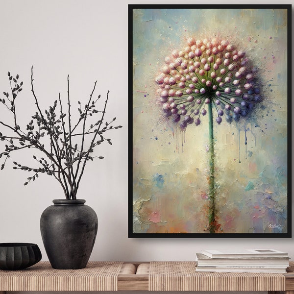 Ornamental onion (Allium Nigrum) Flower Whimsical Botanical Art Print. Abstract Framed Oil Painting Modern Wall Art Print. Housewarming gift