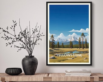Konsttryck för resor i Yellowstone. Illustration av Wyoming nationalpark i USA - Väggkonst för presentheminredning, affisch i alpina ängar