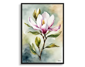 Magnolia Watercolour Botanical Art Print - Evergreen Bull Bay Floral Framed Plant Wall Art Poster Flower Painting