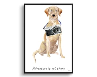 Adventure is out there Labrador retriever dog print illustration. Framed & un-framed wall art options. Personalised name.