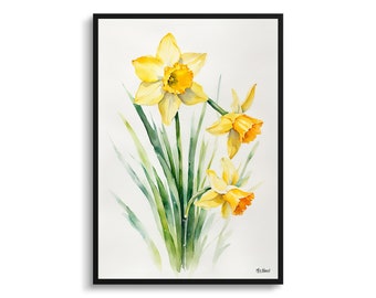 Narcissus Hawera Minimalist Watercolour Botanical Art Print - Daffodil Floral Framed Plant Wall Art Poster Flower Painting