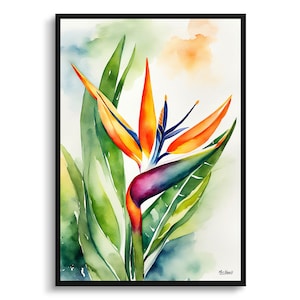 Stampa artistica botanica ad acquerello di uccello del paradiso - Stampa artistica con fiori di gru Strelitzia Reginae, poster con cornice per parete con pianta