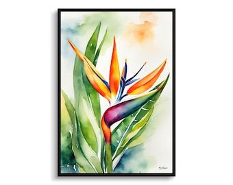 Bird of Paradise Watercolour Botanical Art Print - Crane Flower Strelitzia Reginae Framed Plant Wall Art Flower Poster