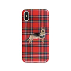 German Shepherd dog Tartan phone case. 11 Styles: Iphone 16 Pro Max, 15, 14 to 6 & Samsung Galaxy S24 Ultra, S23, S22